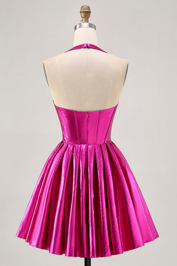 Metallic Fuchsia Halter Pleated Corset Short Cocktail Dress